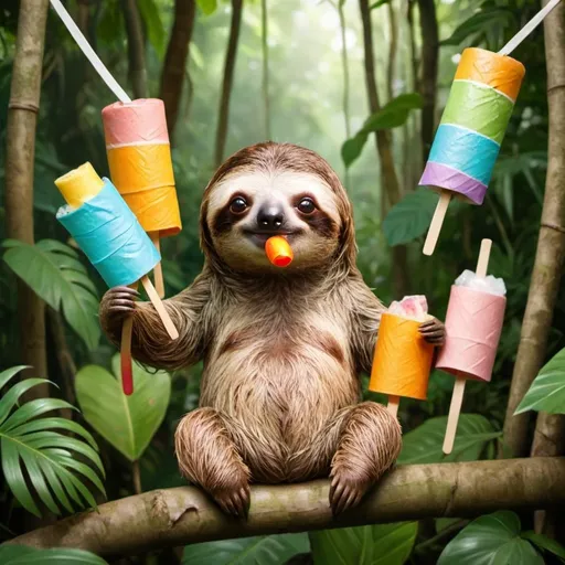 Prompt: A cute sloth in a jungle with toilet rolls and ice lollies