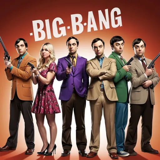 Prompt: Big bang theory show gangster style with guns
