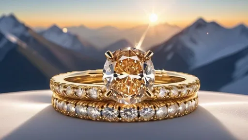 Prompt: Twenty-foot high mountain of golden diamond bridal rings, Alaskan mountains in the background, shimmering gold and diamond reflections, ultra-detailed, 3D rendering, luxury, majestic, surreal, mountainous landscape, high quality, gold and diamond, grandiose, breathtaking, natural beauty, sparkling, pristine, luxurious lighting, picturesque scenery