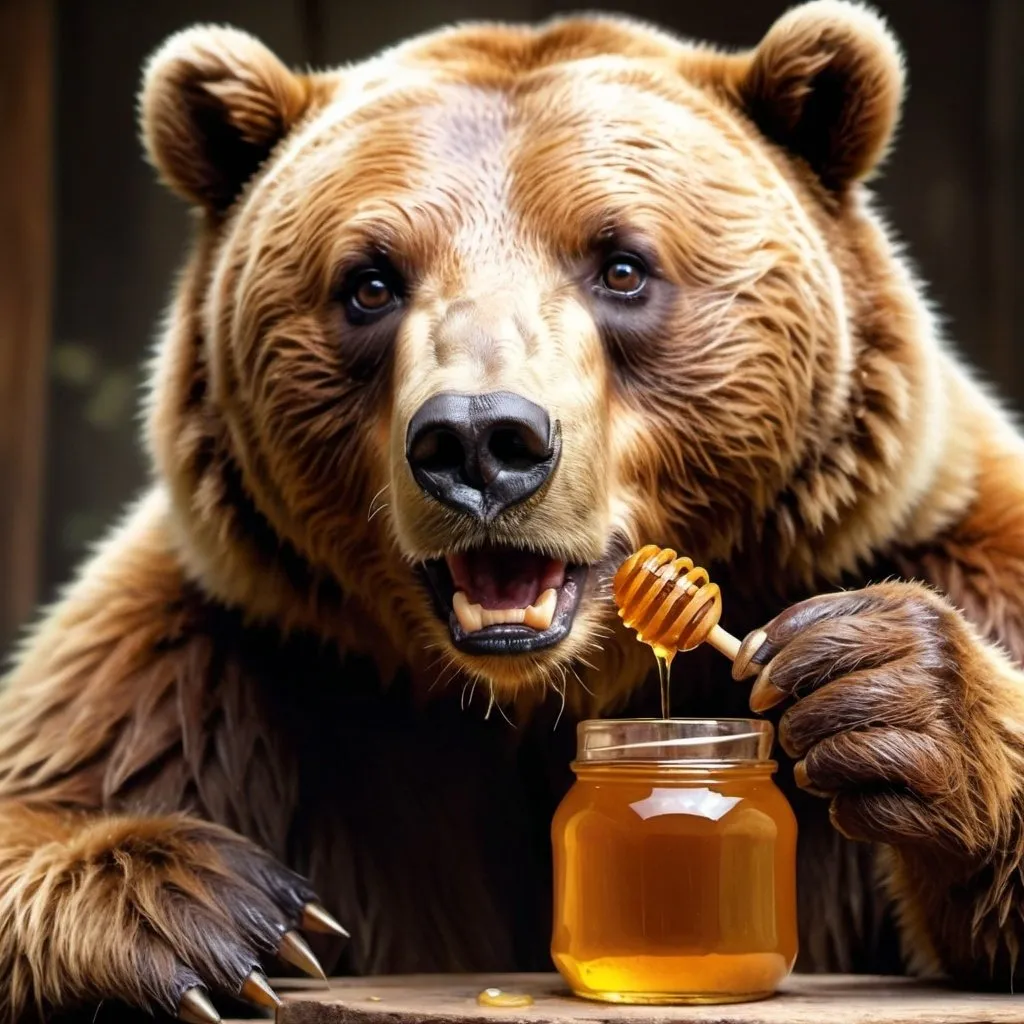 Prompt: Realistic digital painting of a bear enjoying honey from a jar, rich textured fur, detailed facial expression, warm lighting, high quality, realistic, honey bear, detailed fur, expressive eyes, traditional, warm tones, detailed honey jar, authentic texture, natural setting, professional artwork