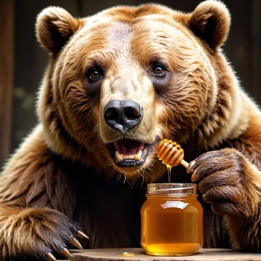 Prompt: Realistic digital painting of a bear enjoying honey from a jar, rich textured fur, detailed facial expression, warm lighting, high quality, realistic, honey bear, detailed fur, expressive eyes, traditional, warm tones, detailed honey jar, authentic texture, natural setting, professional artwork