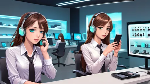 Prompt: Anime illustration of three brown haired women on phones, taking orders at a jewelry manufacturing office, detailed facial expressions, professional attire, organized workspace, high-tech headsets, futuristic office setting, sleek and modern furniture, bright and vibrant color palette, detailed eyes, anime, professional, futuristic, detailed expressions, vibrant color palette, modern setting, organized workspace, high-tech headsets