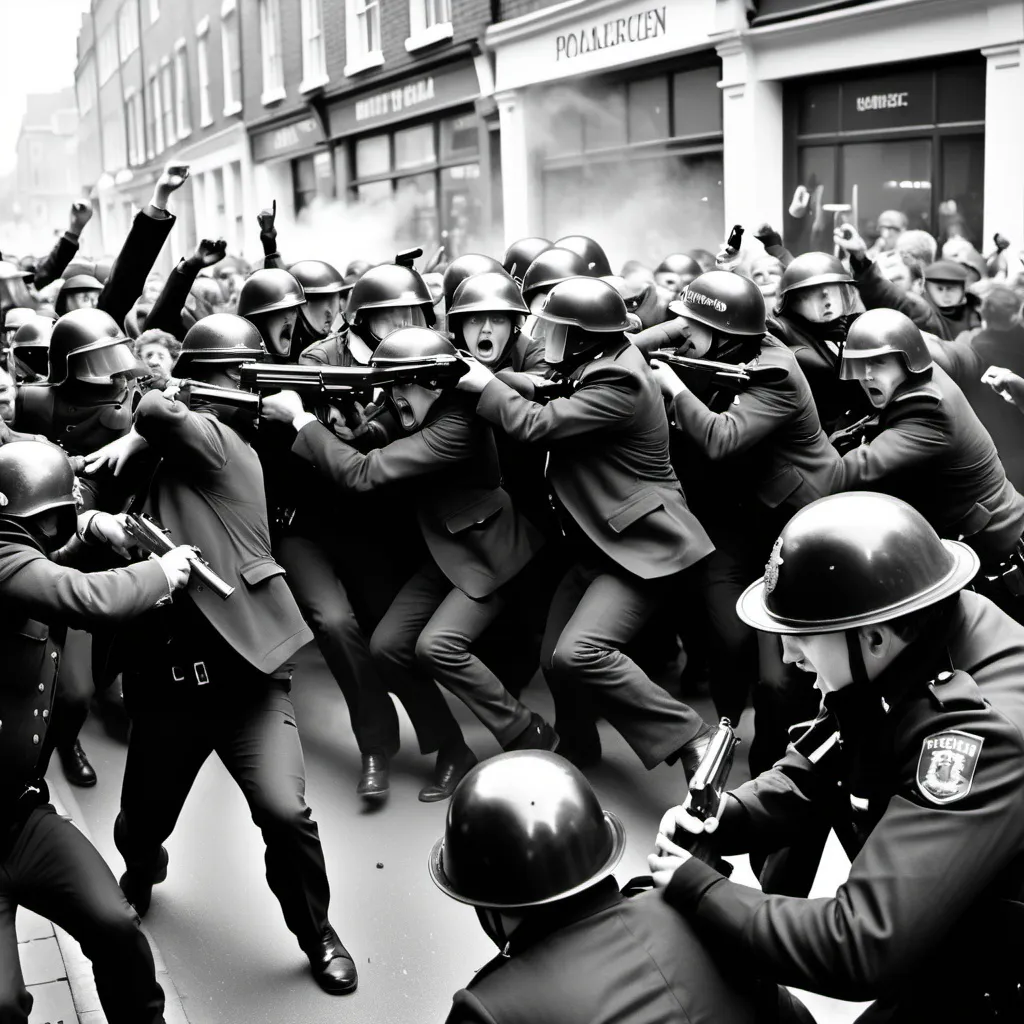 Prompt: British policemen firing guns into the crowd. Protesters are shown in panic, with some falling to the ground and others trying to run for cover. The scene is chaotic, filled with fear and shock. Give me black and white image 1792*1024



---