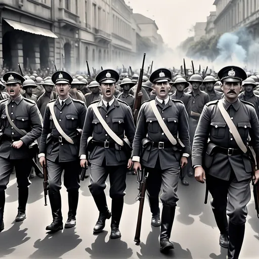 Prompt: British colonial policemen in old-style uniforms, armed with batons and rifles, standing in front of the protesters. The crowd is yelling slogans, while the police are bracing for conflict. The tension in the scene is palpable. Give me image in water colour form but very clear black and white image I want image in 16 ratio 9