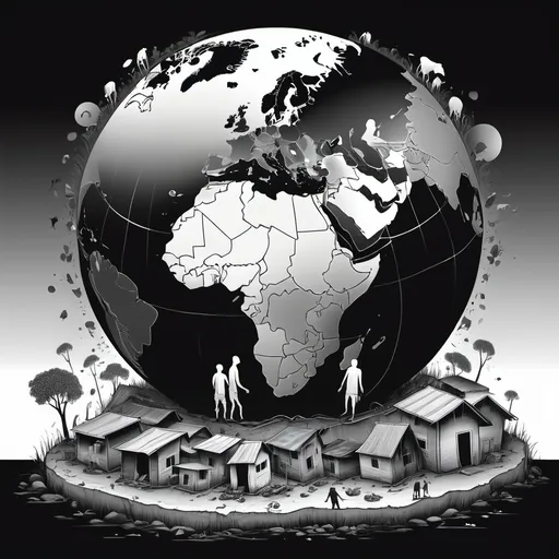 Prompt: world poverty in black and white illustration