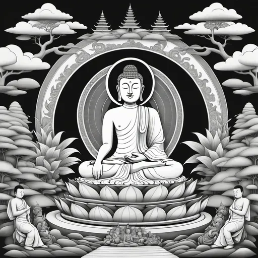 Prompt: Buddha's entry into Parinirvana (final Nirvana) in black and white illustration
