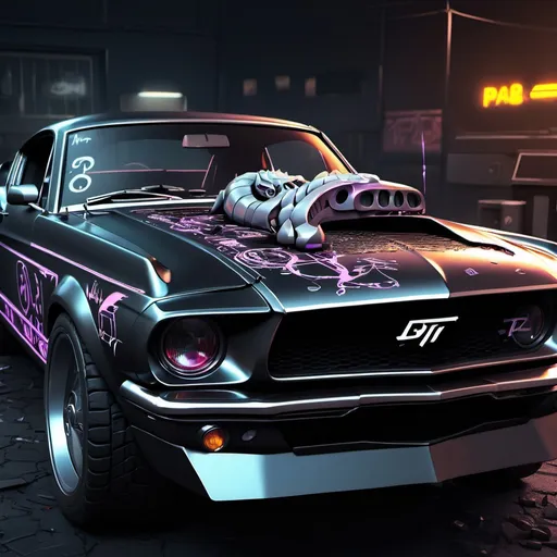 Prompt: Anime cyberpunk style, mustang fastback with a pi mathematical sign insteadofthehorse on the grill, highly detailed, HD, dark background