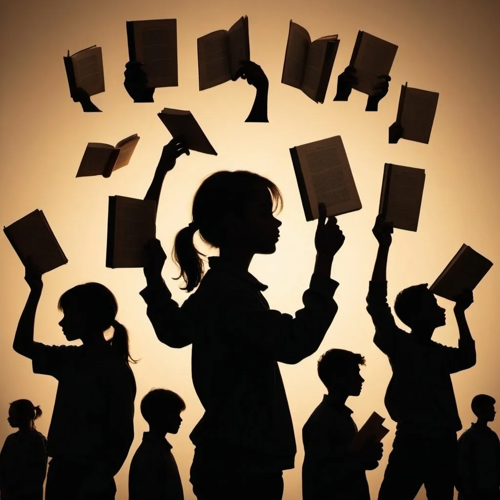 Prompt: a silhouette of students showing that each of their mind is a weapon and that they have to keep them loaded with book reading.
