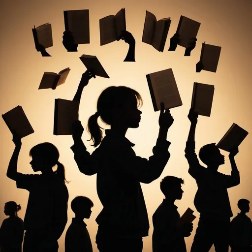 Prompt: a silhouette of students showing that each of their mind is a weapon and that they have to keep them loaded with book reading.
