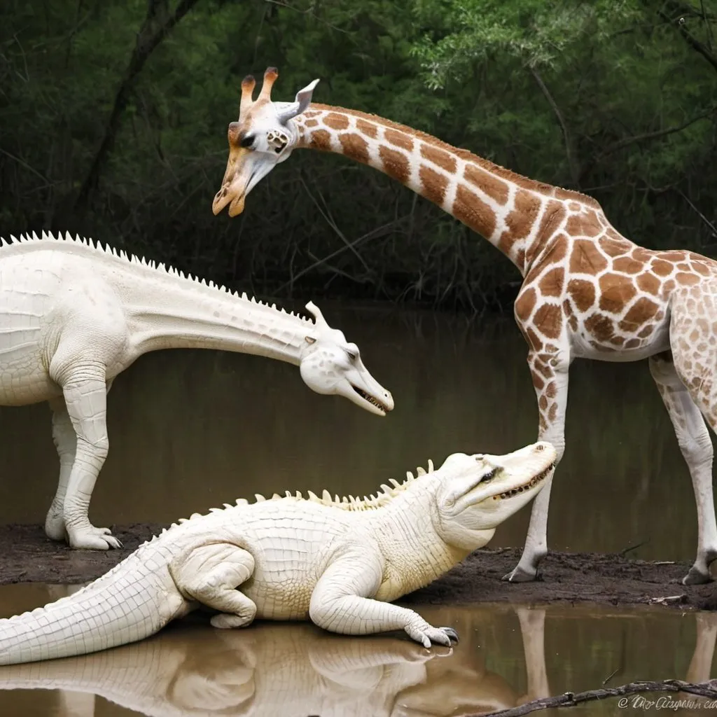 Prompt: 33 Alligators fighting 23 Albino giraffes 