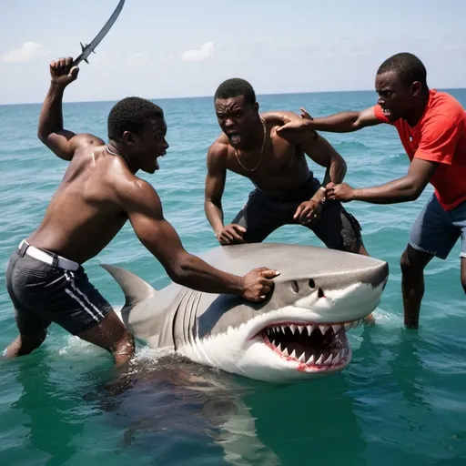 Prompt: Fifteen niggers fighting a shark