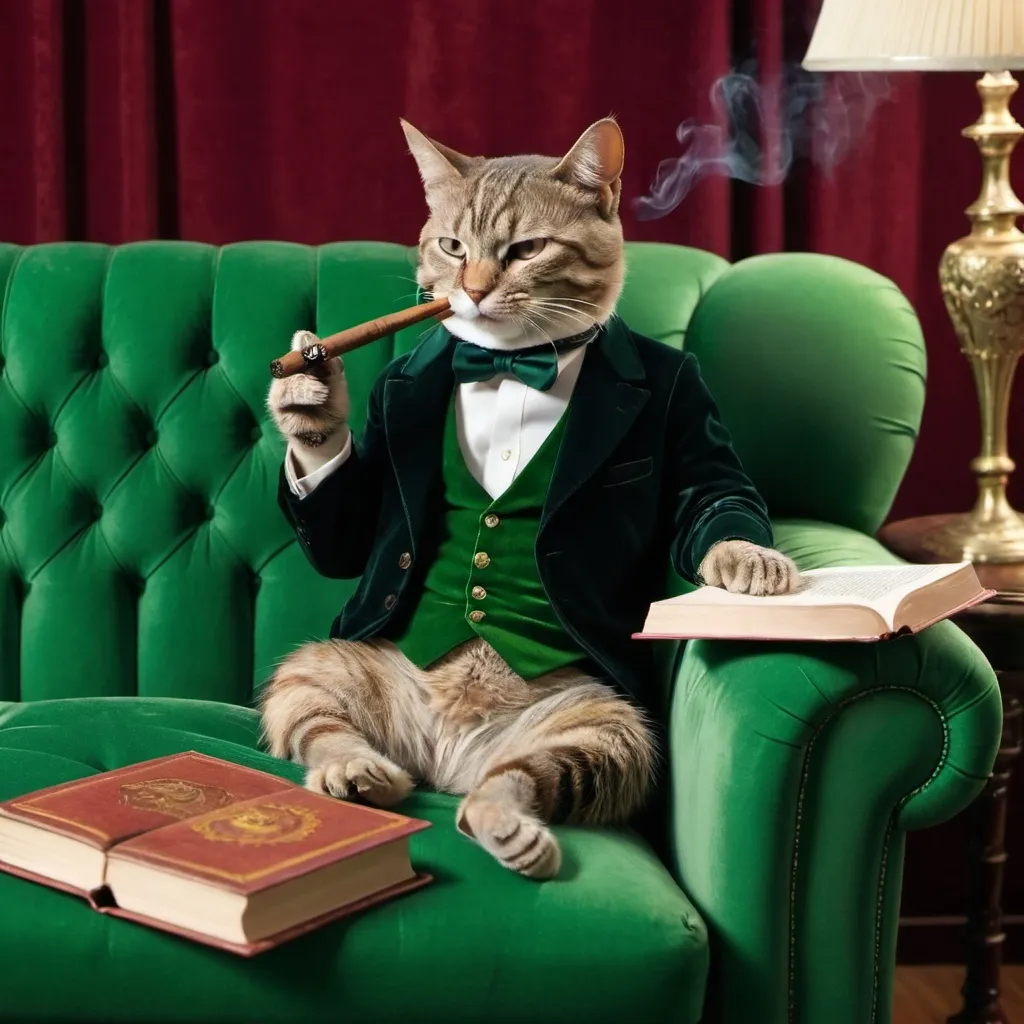 Prompt: a cat smoking a cigar reading a book on a green velvet couch
