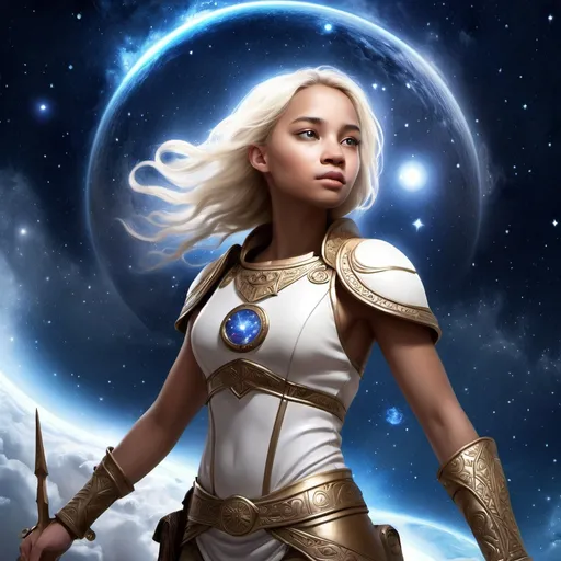 Prompt: Gimme a Cover for my book called "The Celestial Trials" the prompt of the book is 
The Celestial Trials follows Mia, a young white skinned heroine chosen by the stars, as she embarks on an epic quest to save her world. With her loyal friends Kai and Luna by her side, they face treacherous challenges and unlock hidden powers while rallying an army of celestial beings. Their courage and unity are put to the ultimate test in a battle that will determine the fate of their realm. The story is a powerful narrative of sacrifice, resilience, and unbreakable bonds.

As peace seems within reach, the heroes must navigate new uncertainties and challenges that threaten the fragile calm they have fought so hard to achieve. Their journey continues, filled with hope for a brighter future in an ever-evolving saga. The tale weaves a captivating story of resilience, loyalty, and the enduring fight for justice.

