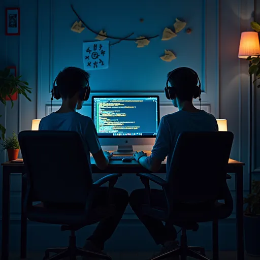 Prompt: I want you to create for me an image that depicts programmers sitting in front of the computer and coding code when it's very late and on the other hand a snapshot of another day when a programmer presents a blade that he found a bug and forwards for testing