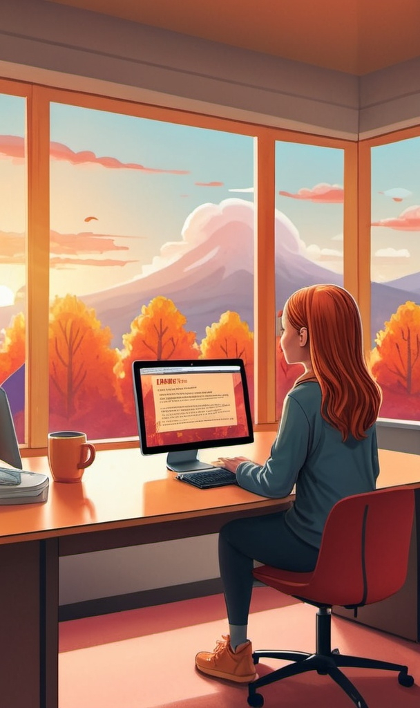 Prompt: a girl sitting at a desk with a computer monitor iMac and a sign board that say timeline 10 April 2025 Geneva written like , storybook illustration, a storybook illustration , the view outside the office is autumn tress with sunrise , also her cup of coffee from Dunkin’ 