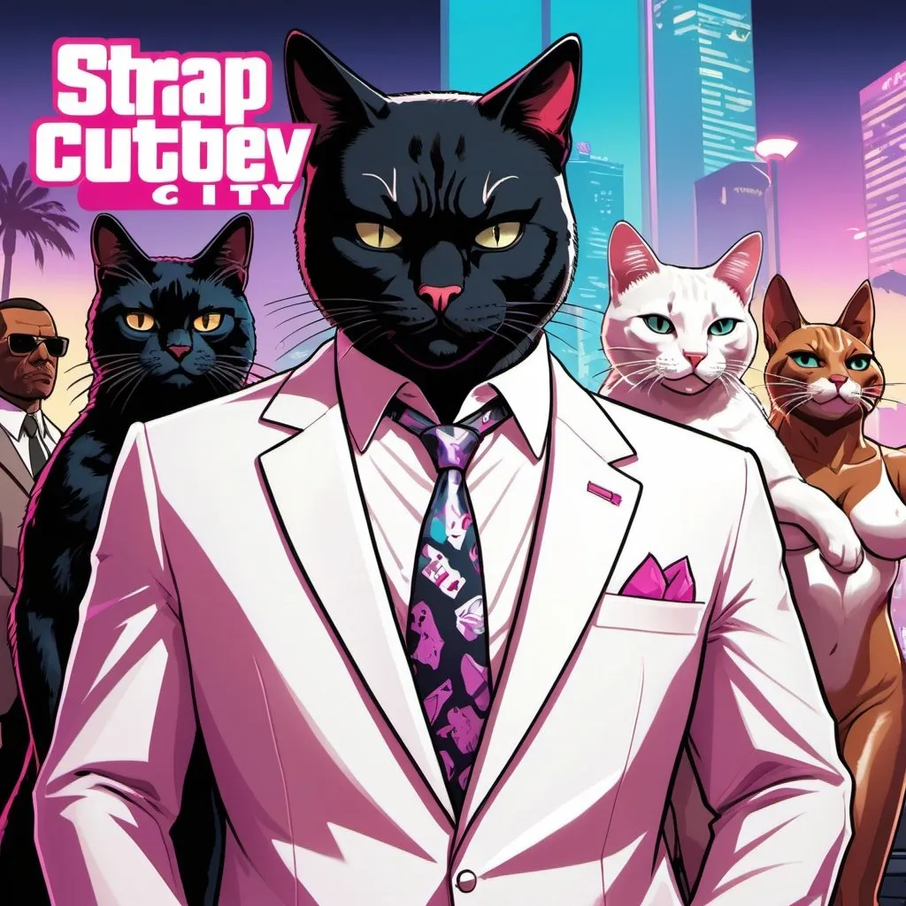 Prompt: GTA V cover art, black cat in white suit at strip club with other cats with the text Cat City as the front in vice city text, cartoon illustration in 4k hd