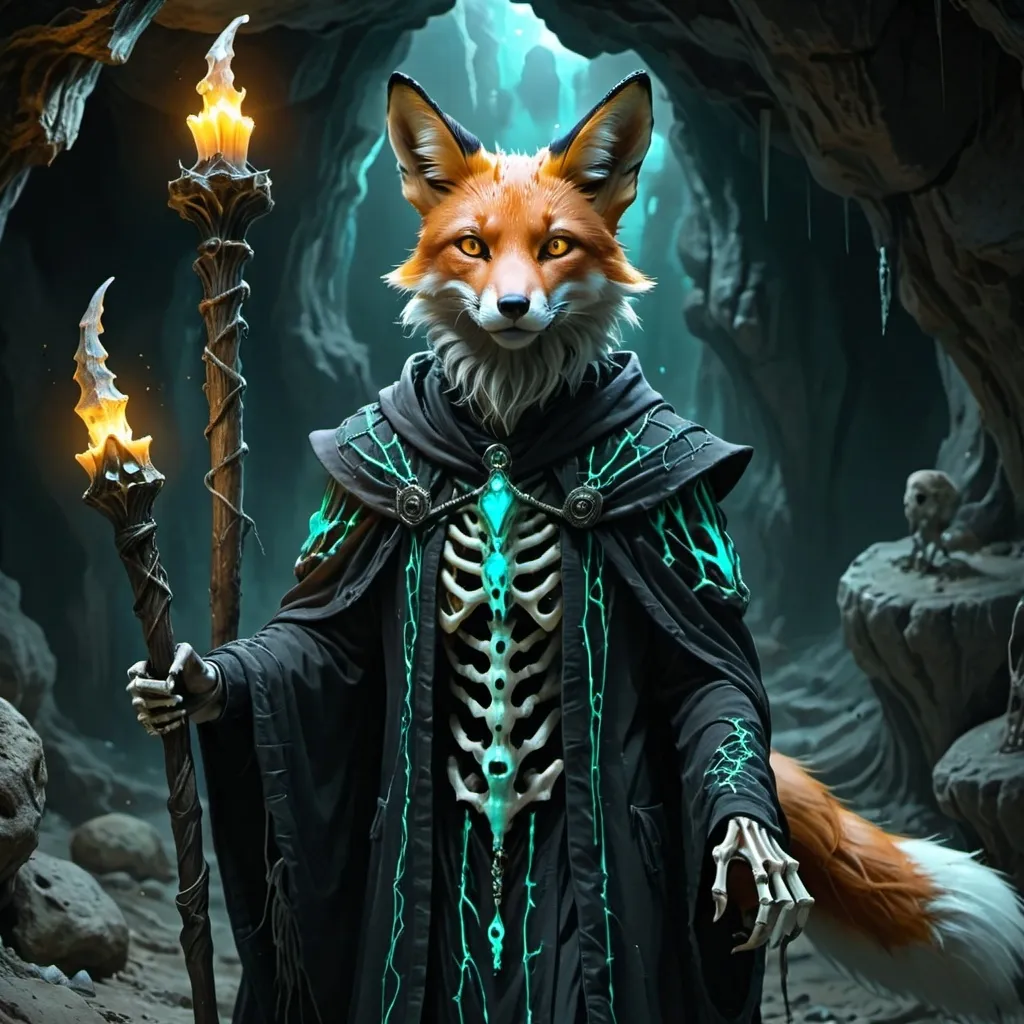 Prompt: ( skeletal undead fox ), anthromorphized character, fantasy art, ( necromancer ) attire, dark wizard robe with intricate patterns, menacing staff glowing with ethereal energy, inside a cave lair with jagged rock formations, mystical lighting casting eerie shadows, high-detail design, otherworldly atmosphere, vivid color contrasts, ( eerie ambiance ), 4K ultra-detailed.