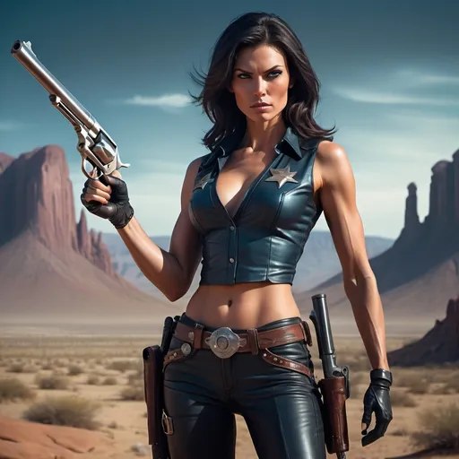 Prompt: (tall muscular woman), (dark-haired sheriff), firm biceps, gripping a revolver, set in a thrilling (science fiction western), vibrant dynamic lighting, desert landscape with alien terrain, town in the background with blend of futuristic and wild west aesthetics, intense expression, steely gaze, (ultra-detailed), dramatic atmosphere, blending classic western elements with futuristic technology and colors, hint of the otherworldly, action-packed scene.