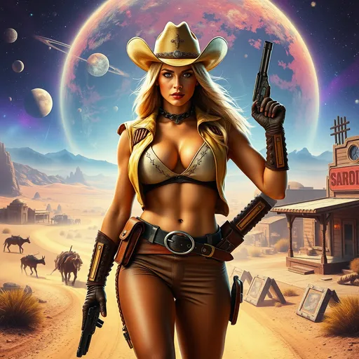 Prompt: Katy O'Brian as a (muscular) sheriff, wearing a (daring) science fiction western outfit, showcasing a bare midriff, set on a (vivid) alien planet. The backdrop features a (breathtaking cosmic landscape), dusty trails, and futuristic saloons, blending wild west elements with (science fiction aesthetics). The (dynamic pose) exudes confidence and strength. (High quality, ultra-detailed, cinematic atmosphere).