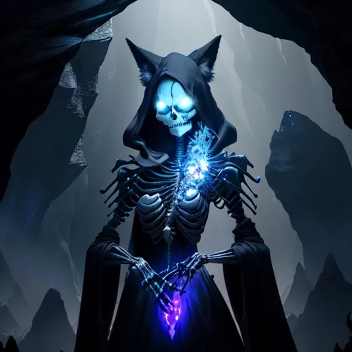 Prompt: ( skeletal undead fox ), anthromorphized character, fantasy art, ( necromancer ) attire, dark wizard robe with intricate patterns, menacing staff glowing with ethereal energy, inside a cave lair with jagged rock formations, mystical lighting casting eerie shadows, high-detail design, otherworldly atmosphere, vivid color contrasts, ( eerie ambiance ), 4K ultra-detailed.