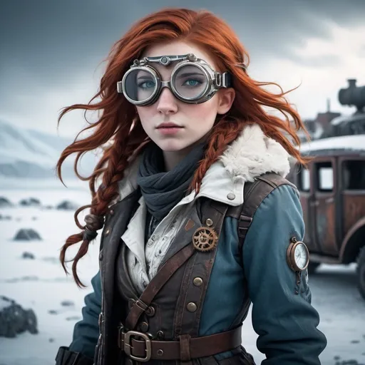 Prompt: (steampunk teenage girl character), vibrant redhead, wearing a detailed jacket and stylish goggles, set in a desolate winter frostpunk wasteland, icy landscape, harsh wind, muted colors with frosty blues and whites, dramatic atmosphere, high detail, cinematic lighting, adventurous spirit, exploring the frozen terrain, ultra-detailed, high quality.