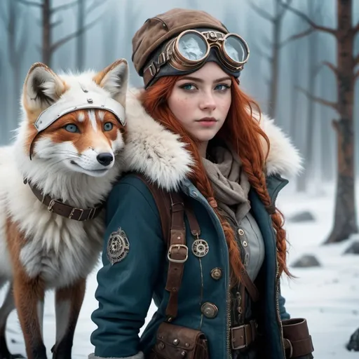 Prompt: (steampunk teenage girl character), vibrant redhead, wearing a detailed jacket and stylish goggles, wearing a fur cap, accompanied by arctic fox, set in a desolate winter frostpunk wasteland, forest landscape, harsh wind, muted colors with frosty blues and whites, dramatic atmosphere, high detail, cinematic lighting, adventurous spirit, exploring the frozen terrain, ultra-detailed, high quality.