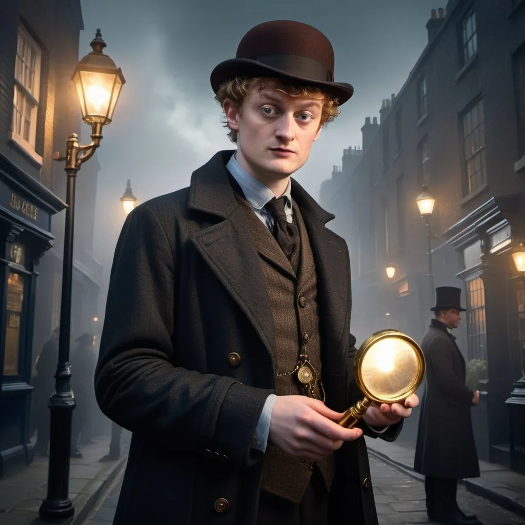 Prompt: James Acaster as a Scotland Yard detective in Victorian London, Steampunk aesthetic, photorealistic