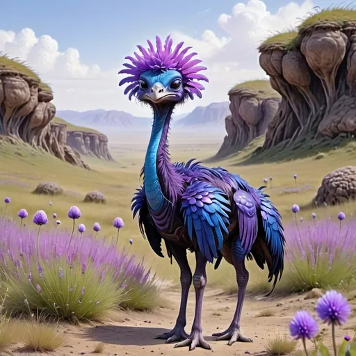 Prompt: Alien ostrich, two legs, bright blue and purple feathers, long neck, backdrop of alien grassland terrain with blue clover and purple flowers