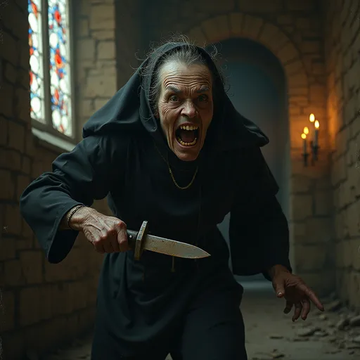 Prompt: nun with mad and old face running charging with vintage knife in her hand. Eyes wide open, teeth dirty and clothes messy 