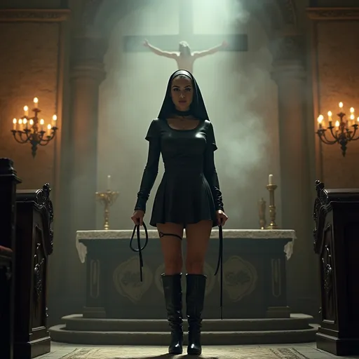 Prompt: Nun standing in church at the altar in short leather dress, in high boots and whip in her hands. Crucifix at the wall. Chandelier with burning candles. Vintage style furniture. Foggy 