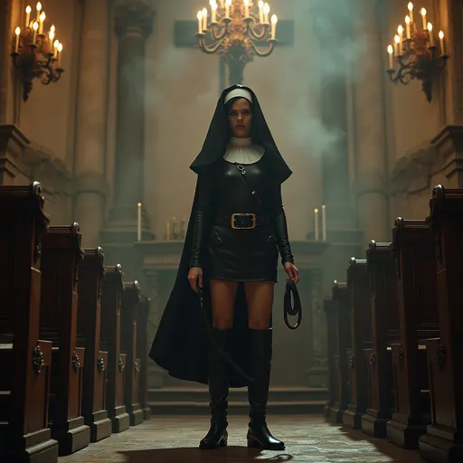 Prompt: Nun standing in church at the altar in short leather dress, in high boots and whip in her hands. Crucifix at the wall. Chandelier with burning candles. Vintage style furniture. Foggy 