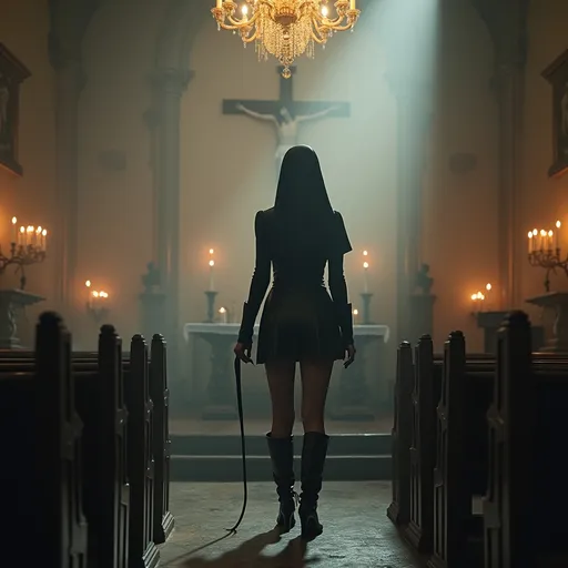 Prompt: Nun standing in church at the altar in short leather dress, in high boots and whip in her hands. Crucifix at the wall. Chandelier with burning candles. Vintage style furniture. Foggy 
