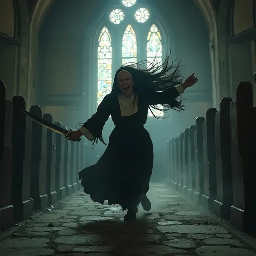 Prompt: Mad nun running and charging with vintage dagger in her hand. Hairs messy and clothes messy 