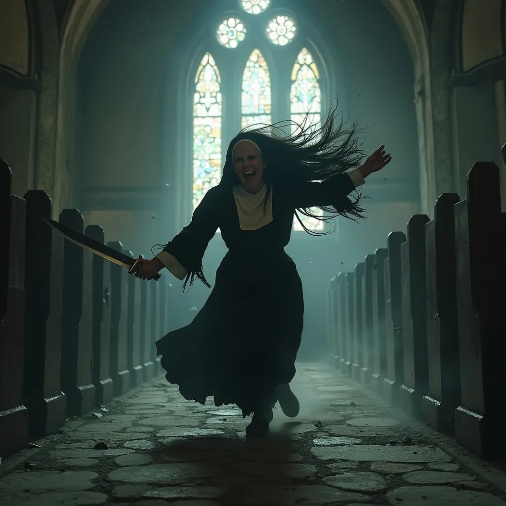 Prompt: Mad nun running and charging with vintage dagger in her hand. Hairs messy and clothes messy 
