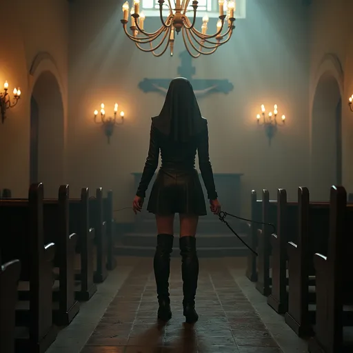 Prompt: Nun standing in church at the altar in short leather dress, in high boots and whip in her hands. Crucifix at the wall. Chandelier with burning candles. Vintage style furniture. Foggy 