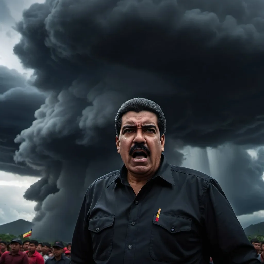 Prompt: (cinematic scene) The fury of Nicolas Maduro, intense expression, stormy backdrop, dark and moody colors, swirling shadows, chaotic atmosphere, powerful gestures, raw emotion, dramatic lighting, high tension, 4K clarity, surreal imagery, political intensity, tumultuous clouds, dynamic energy, evocative confrontation.