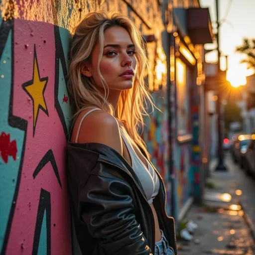 Prompt: [Subject: 25-year-old blonde woman, 1m78, subtle freckles, natural healthy body, not skinny, pensive expression, extremely detailed and perfect skin texture]

[Style: hyper-realistic photo, cinematic American shot portrait, old Kodak film grain]

[Clothing: short black leather jacket, sleeveless white deep-cut top, slightly ripped slim-fit pants]

[Setting: leaning against a graffiti wall, urban street art neighborhood, sunset, soft orange light, graffiti with gentle color contrasts, not distracting, realistic soft bokeh background]

[Lighting & Effects: subtle light cone on face, small red star with sparkling white glitter on face]

[Orientation: vertical, social media]