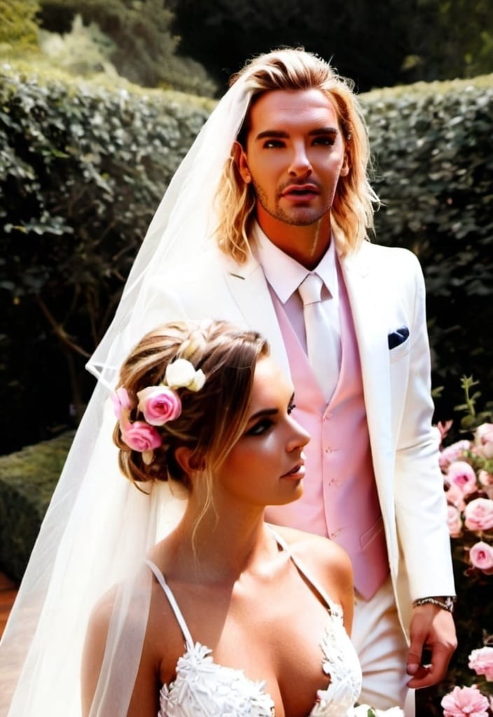 Prompt: Bill Kaulitz and Sarah Alviti in a beautiful garden, white flowers, wedding, long white dress, veil, pink shiny men's suit, long curly blond hair of a guy, brown hair of a girl, guests in the background, sunny day, happy atmosphere, detailed study, photorealism