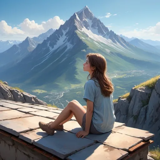 Prompt: (girl sitting on a mountain roof), (serene), looking up at a clear blue sky, (majestic mountain backdrop), soft sunlight illuminating the scene, cool tones, (highly detailed), vibrant colors, tranquil atmosphere, (ultra-detailed), nature's beauty surrounding her, peaceful mood, (photorealistic), expansive horizon adds depth, breathtaking landscape, (HD).