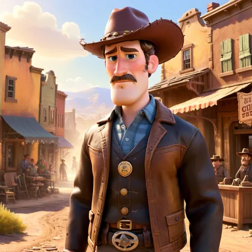Prompt: With a backdrop of a dusty Western town under a bright blue sky, a man stands confidently, embodying the rugged spirit of the Old West. He wears a broad-brimmed cowboy hat that casts a shadow over his face, emphasizing his serious expression and neatly groomed facial hair. Dressed in a detailed leather jacket adorned with subtle wear, he combines style with a tale of resilience, a neckerchief adding a classic touch to his ensemble. The warm sunlight enhances the earthy tones of his outfit, while the softly blurred structures of the town behind him hint at a story waiting to unfold, evoking a sense of adventure and determination in this striking portrayal of a Western hero.