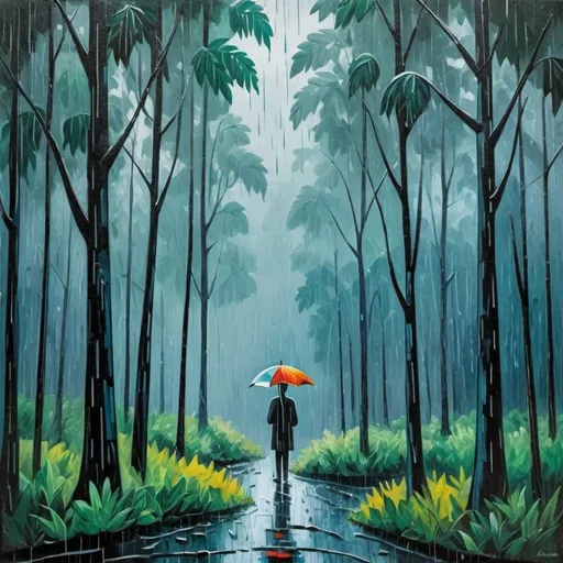 Prompt: Pablo Picasso style painting forest with rain 
