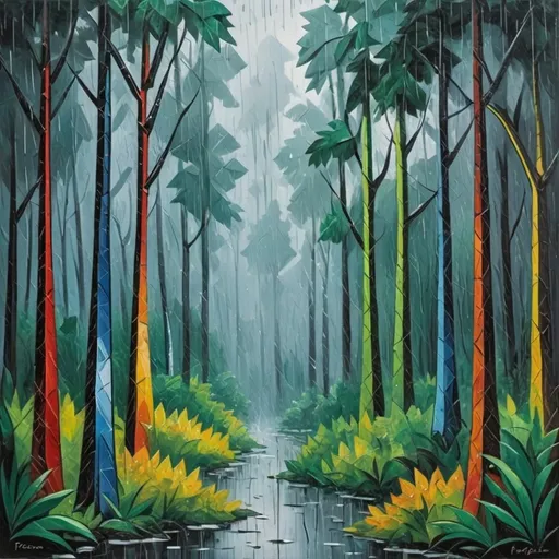 Prompt: Pablo Picasso style painting forest with rain 
