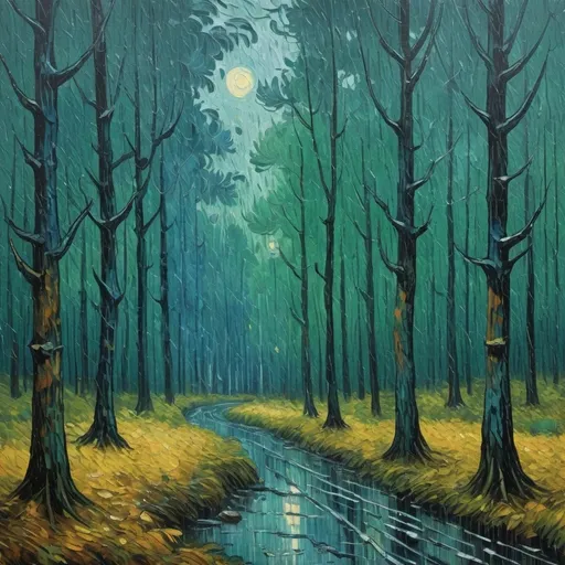 Prompt: Vincent van Gogh style painting of rainy forest