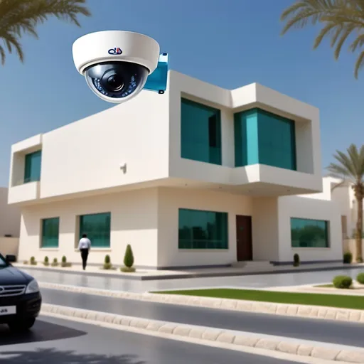 Prompt: CCTV advertisement for houses and trading buildings in Oman, modern and professional design, vivid colors, captivating visuals, showcasing security solutions, clean lines, and crisp presentation, featuring a home, school, and commercial building in a bright, inviting outdoor setting, clear focus on surveillance equipment, enhancing safety and peace of mind, ultra-detailed. add cctv