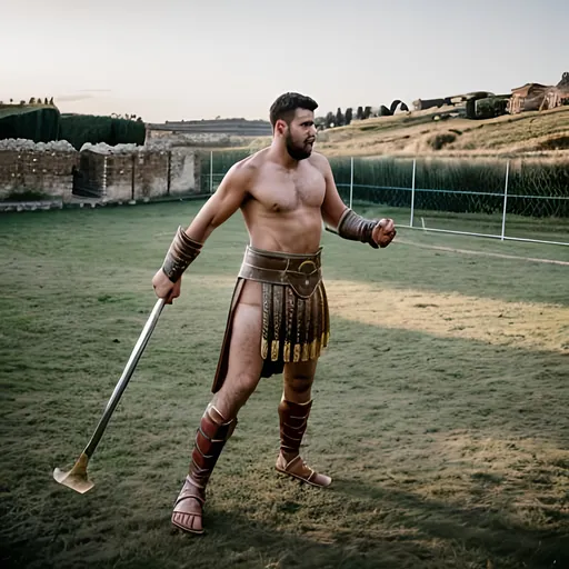 Prompt: Roman gladiator fightin dragon