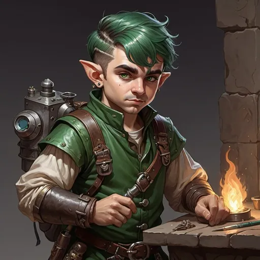 Prompt: dungeons and dragons fantasy art halfling male artificer with dark green hair workshop tinkerer