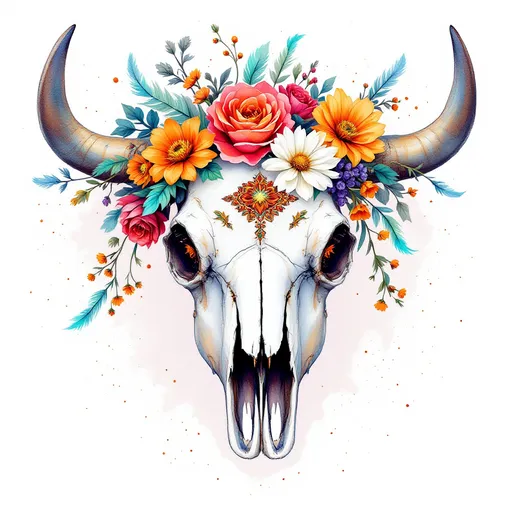 Prompt: bull skull with flowers and feathers watercolour no background
