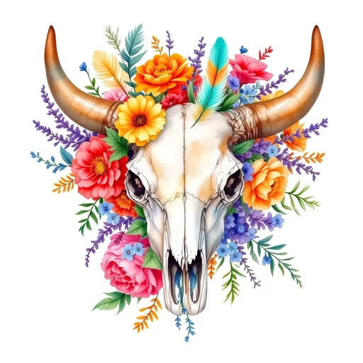 Prompt: bull skull with flowers and feathers watercolour no background

