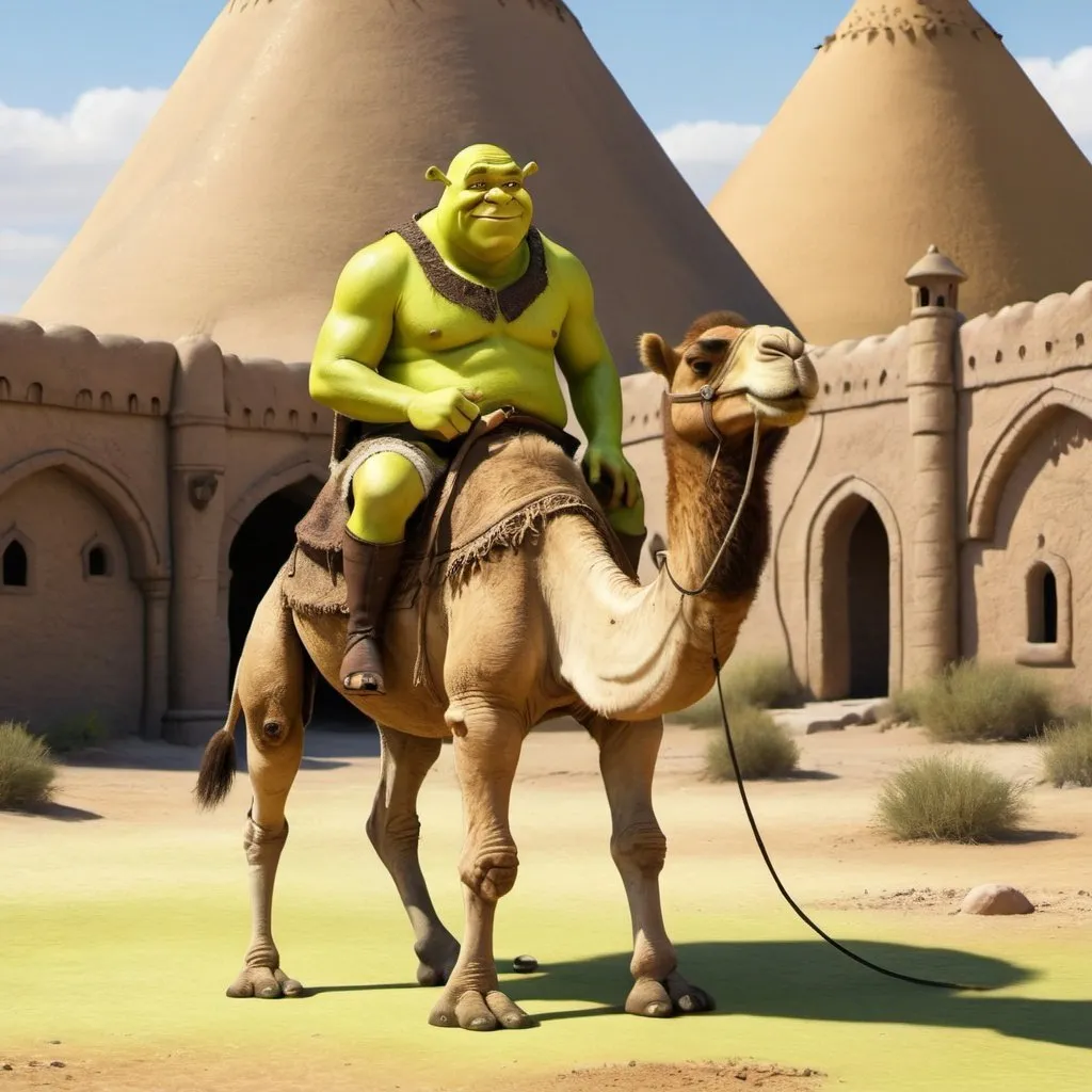 Prompt: Shrek peeing on a camel
