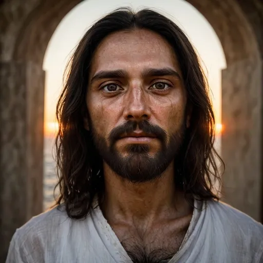 Prompt: El rostro de Jesus Cristo mirando de frente al observador, que la mirada este en eje central, rostro de frente completamiente, ojos oscuros, con semblante de paz y felicidad plena como invitando a venir, que este mirando fiijamente al observador, el fondo en atardecer. que se parezca mas al jesus conocido, ropa blanca
